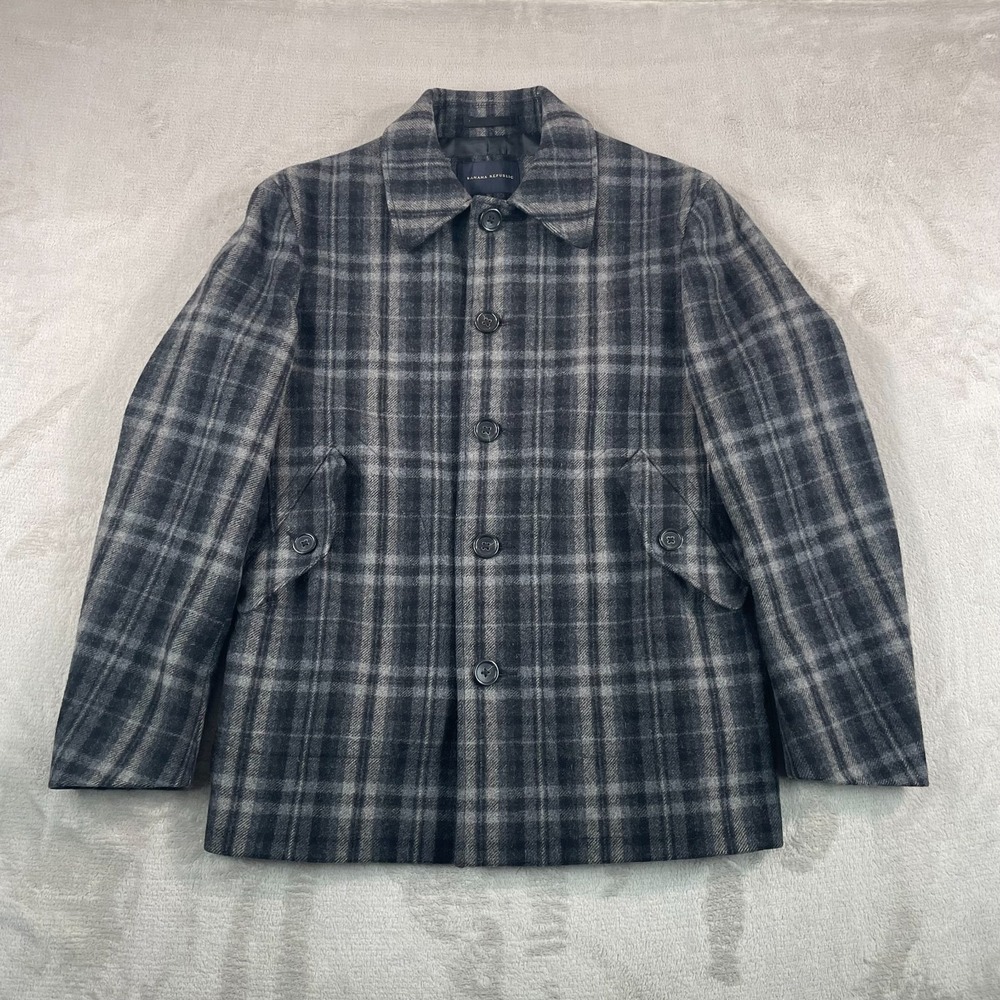 Banana Republic Chore Barn Coat Jacket Men Small Black Grey Plaid Wool Blend NEW